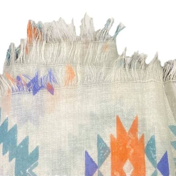 Funky Boho Raw Edge Scarf White with Multicolor Aztec Tribal Print L72" X W20" - Picture 4 of 8